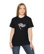 Person wearing a black t-shirt with a logo on a white background