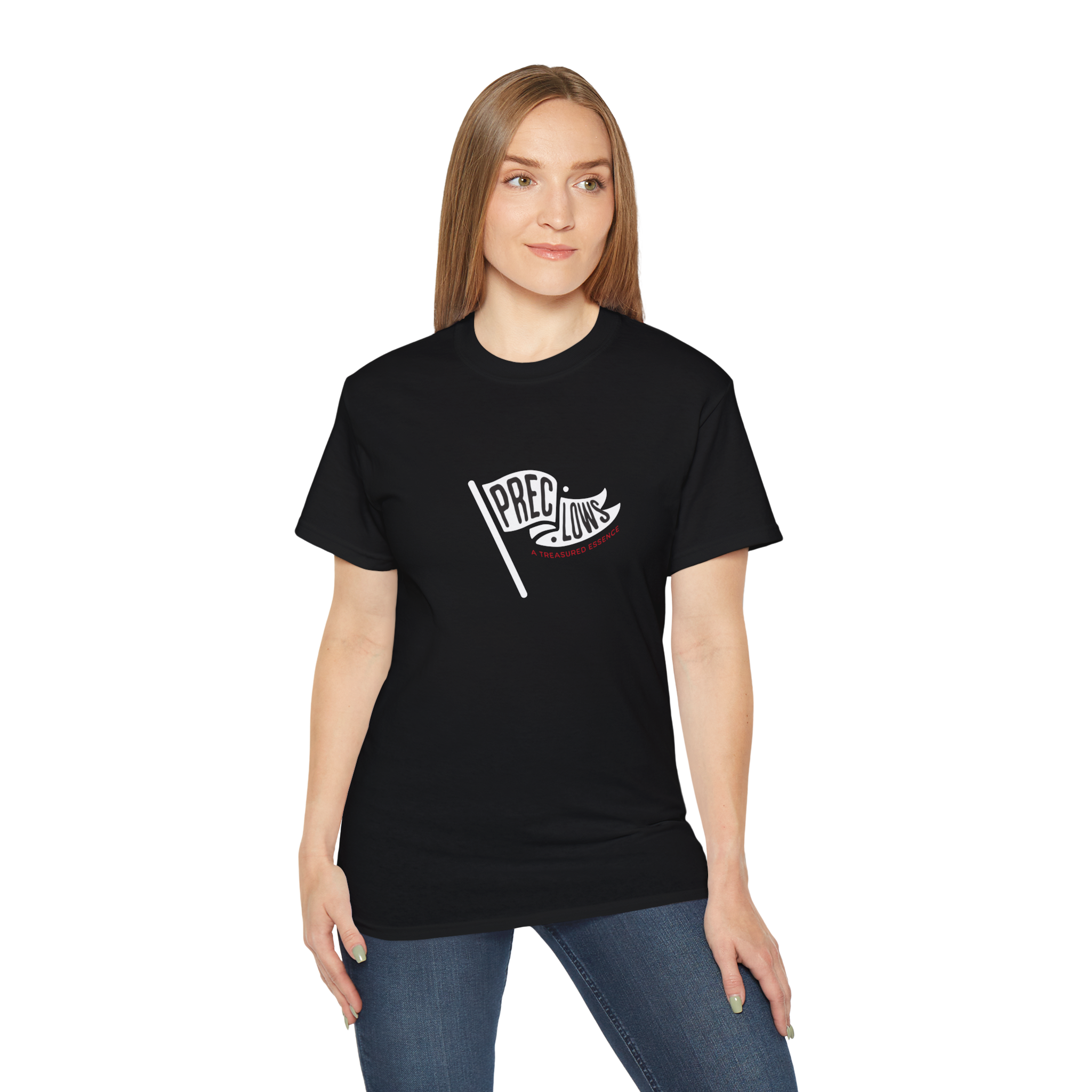 Person wearing a black t-shirt with a logo on a white background