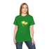 Person wearing a green t-shirt with a yellow graphic on a white background