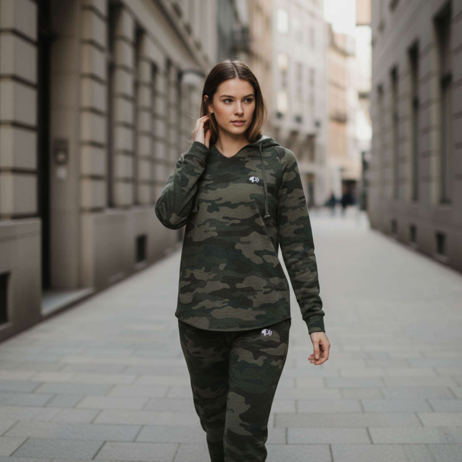 Woman  wearing camouflage outfit walking. 