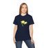 Woman wearing a navy blue t-shirt with a yellow graphic design on a white background