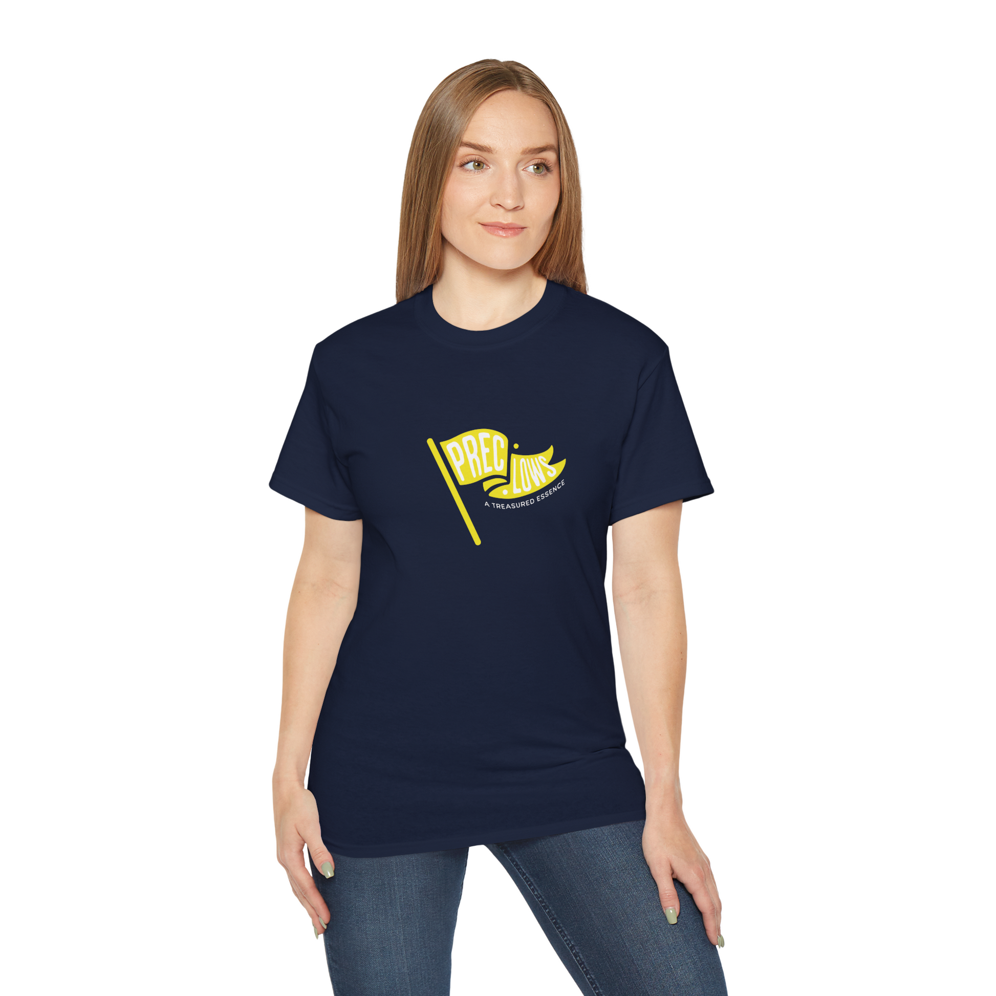 Woman wearing a navy blue t-shirt with a yellow graphic design on a white background