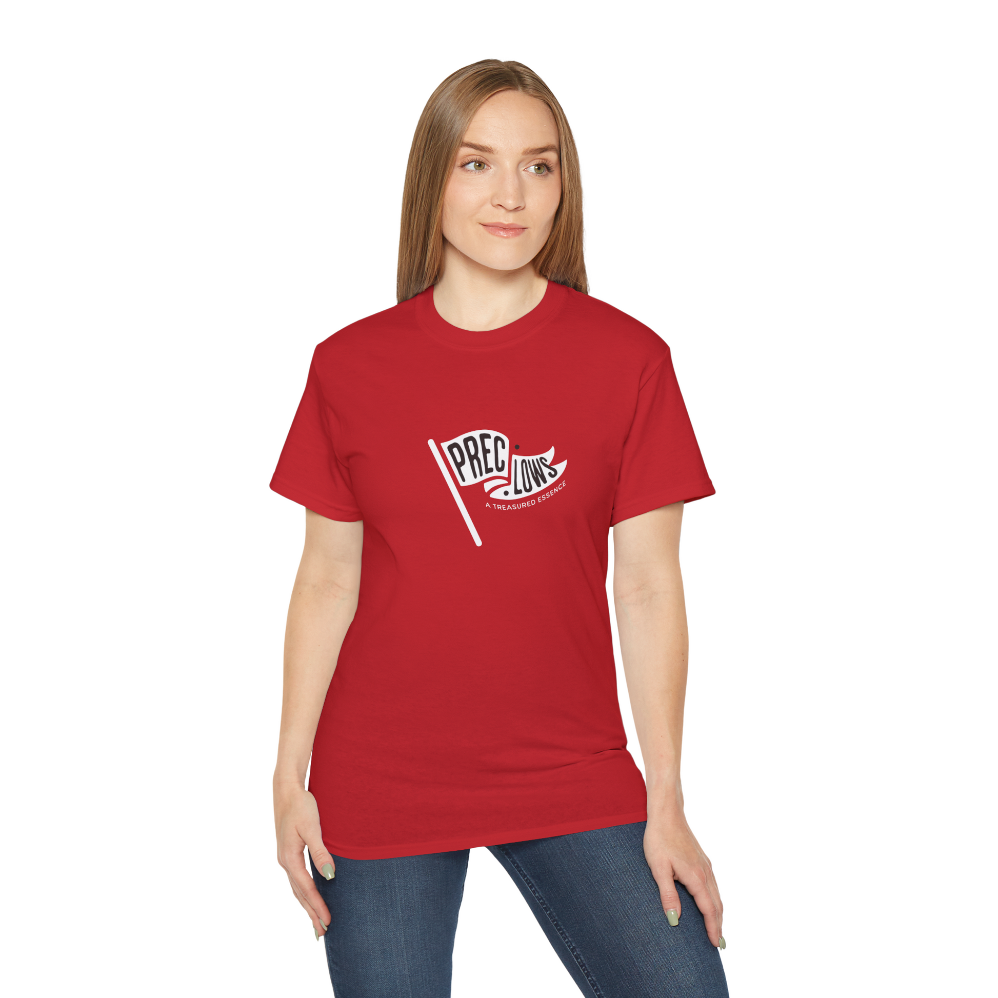Person wearing a red t-shirt with a logo on a white background