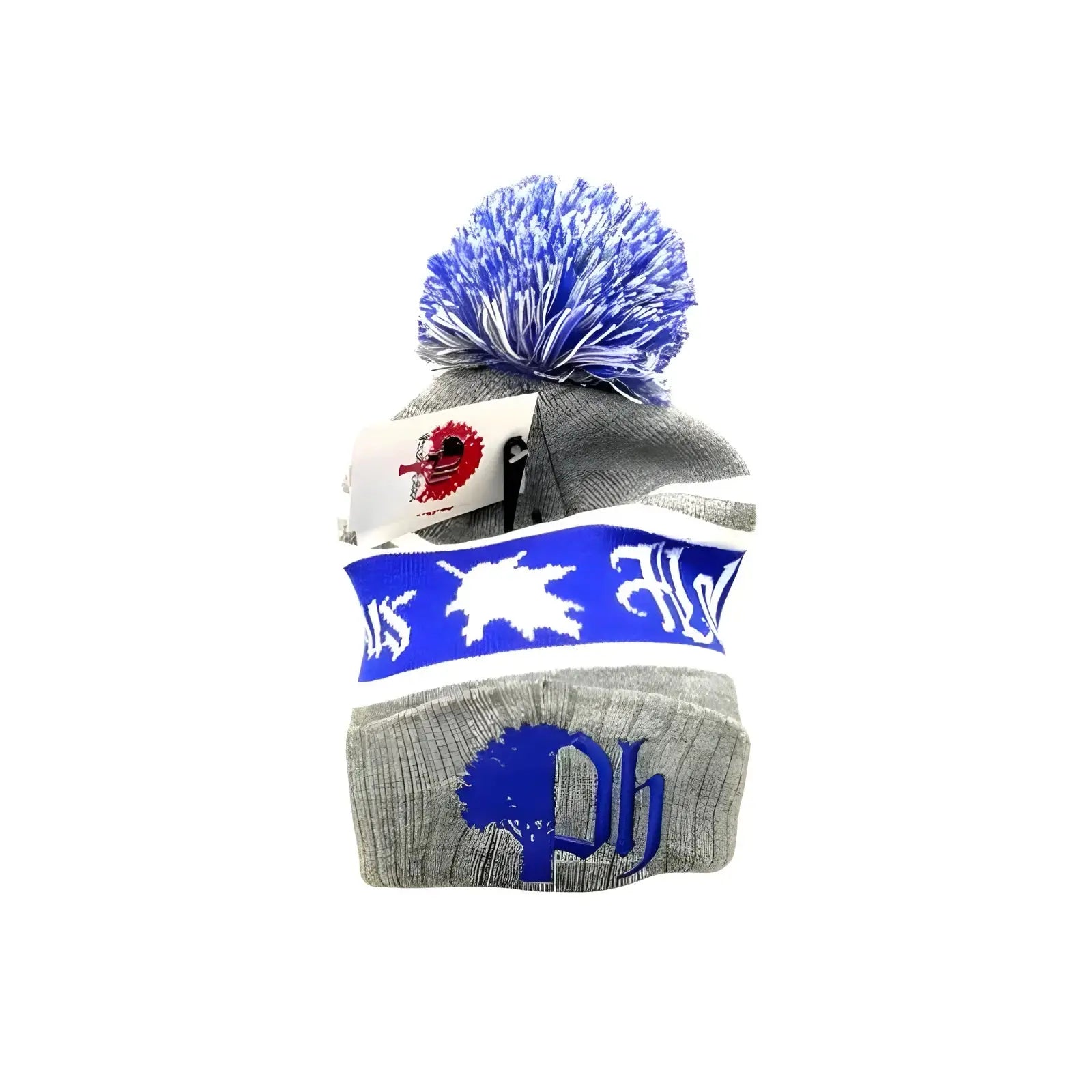 Gray jacquard woven toboggan hat with yarn pom on top featuring royal blue logos front and center.#color_blue