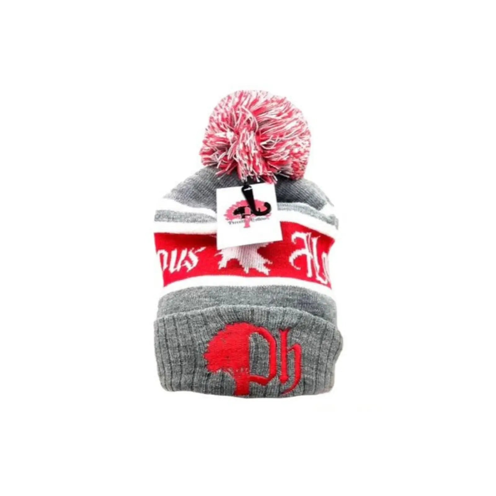 Gray jacquard woven toboggan hat with yarn pom on top featuring red logos front and center.#color_red