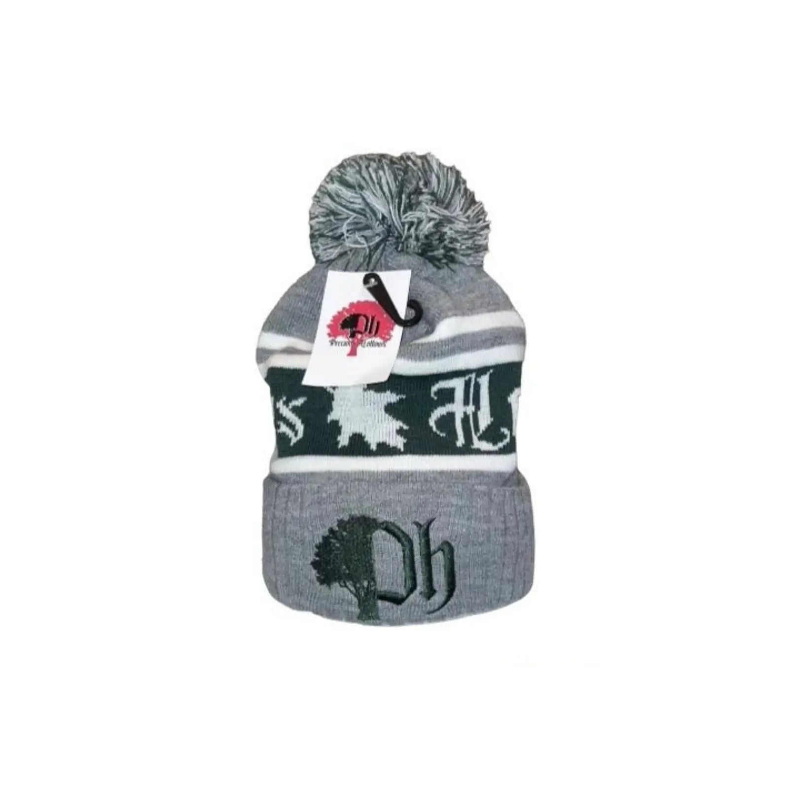 Gray jacquard woven toboggan hat with yarn pom on top featuring hunter green logos front and center.#color_hunter-green