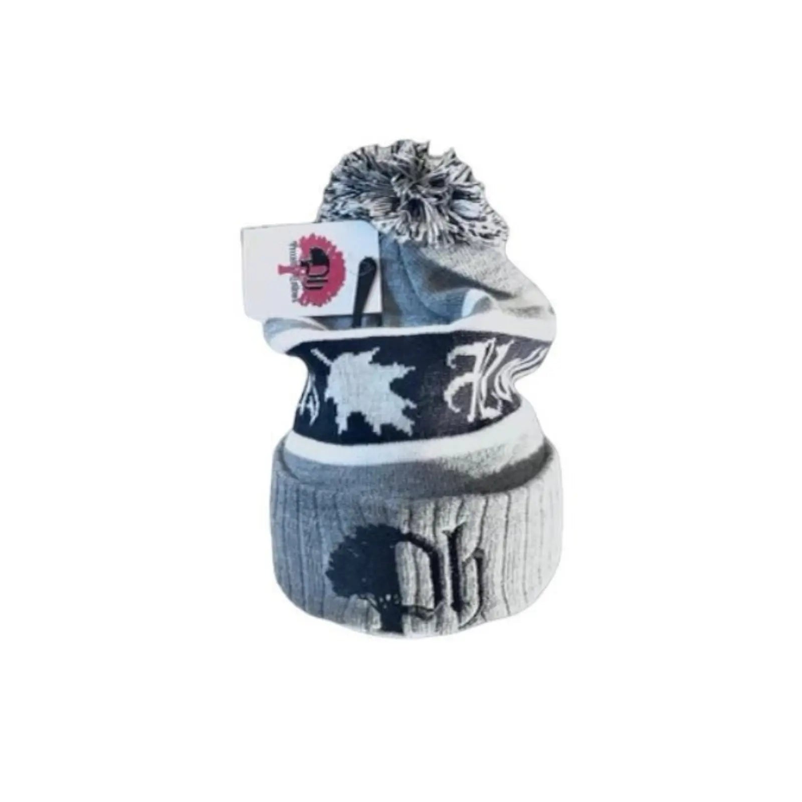 Gray jacquard woven toboggan hat with yarn pom on top featuring black logos front and center.#color_black