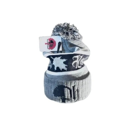 Gray jacquard woven toboggan hat with yarn pom on top featuring black logos front and center.