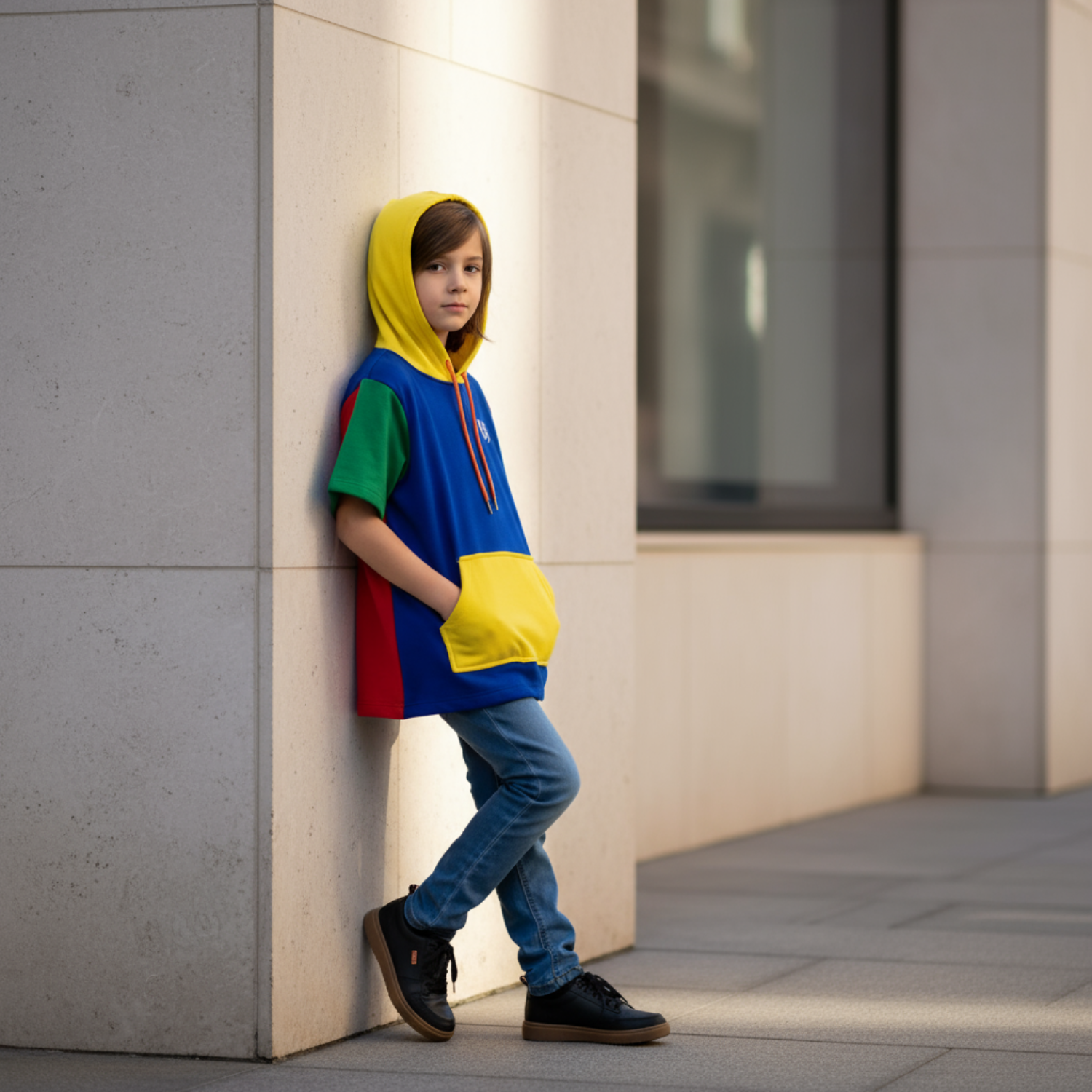 Child wearing a colorful hoodie leaning against a wall.