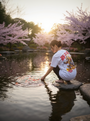 Person sitting by a pond with cherry blossoms in the background
