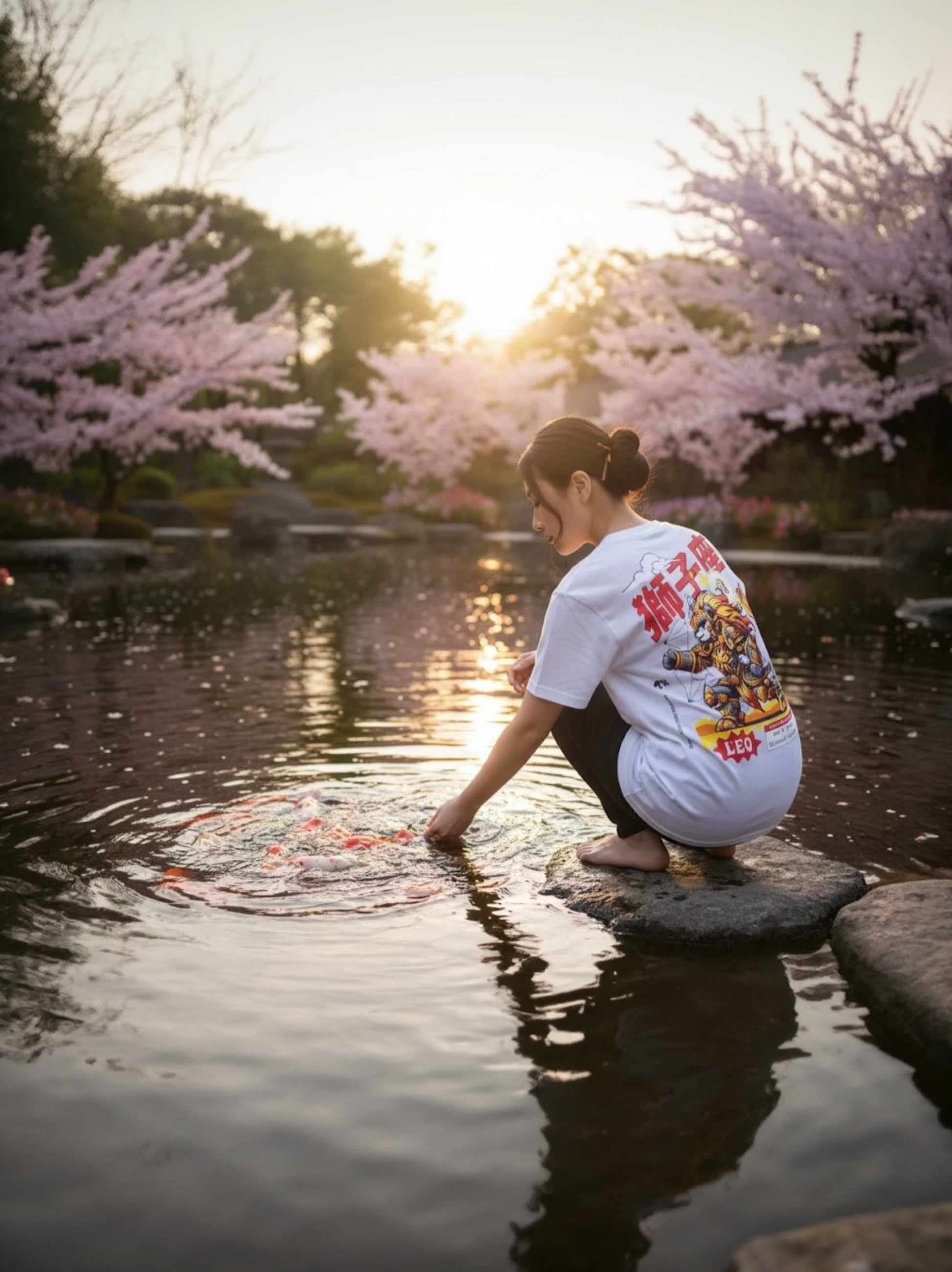 Person sitting by a pond with cherry blossoms in the background