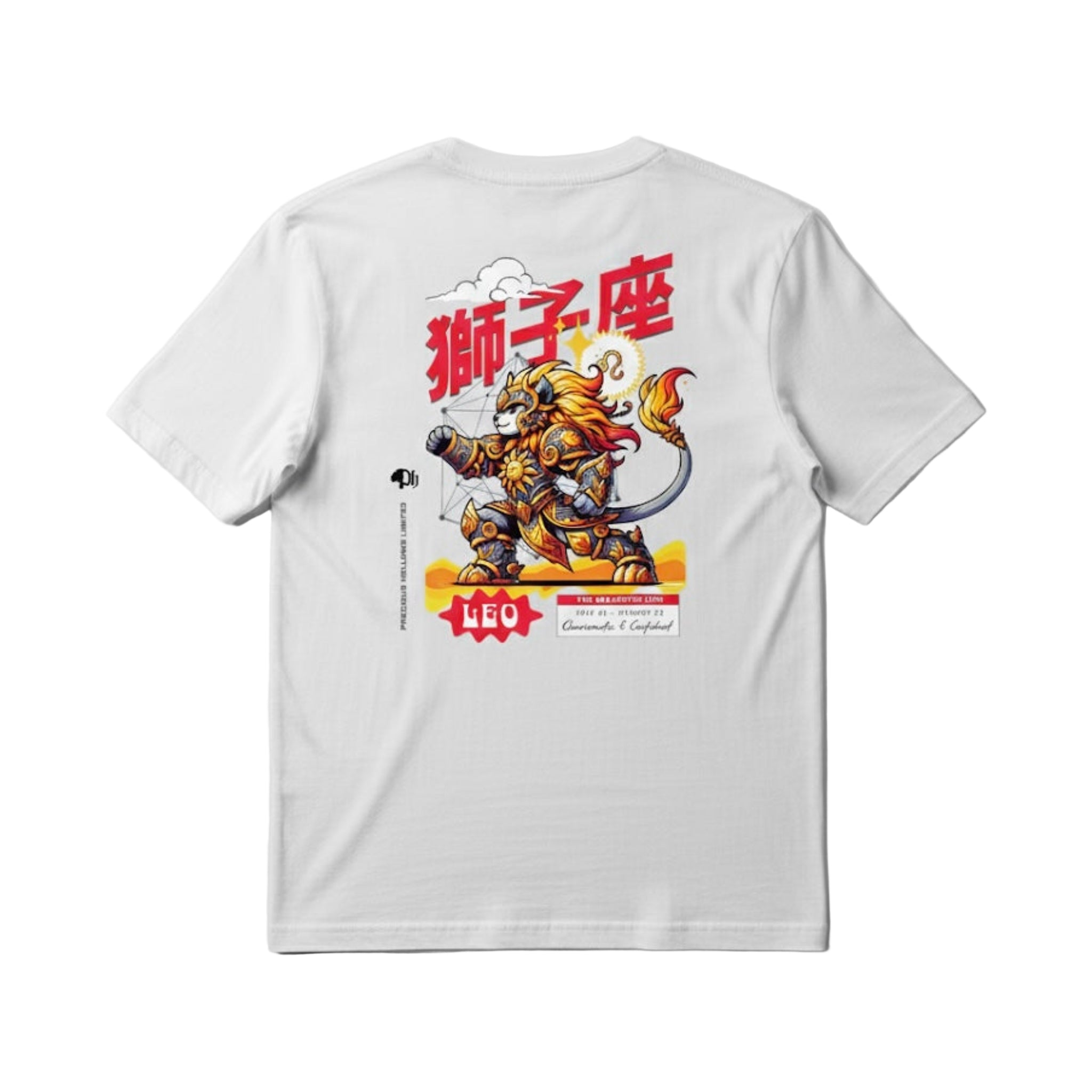 White t-shirt with a graphic design of a lion and text on a gray background