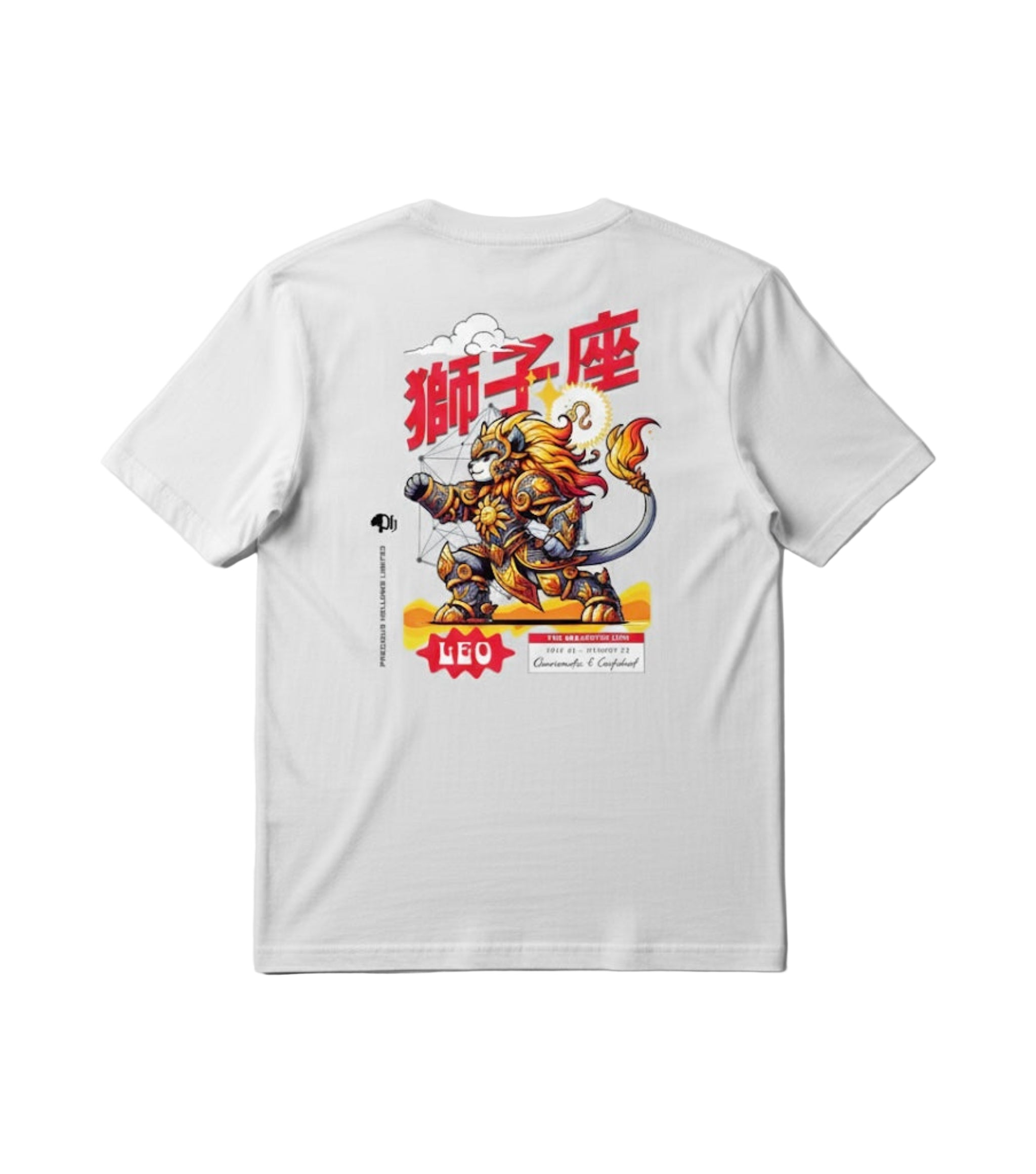 White t-shirt with a graphic design of a lion and text on a gray background