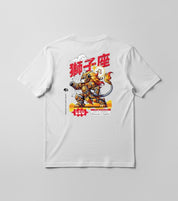 White t-shirt with a graphic design of a lion and text on a gray background