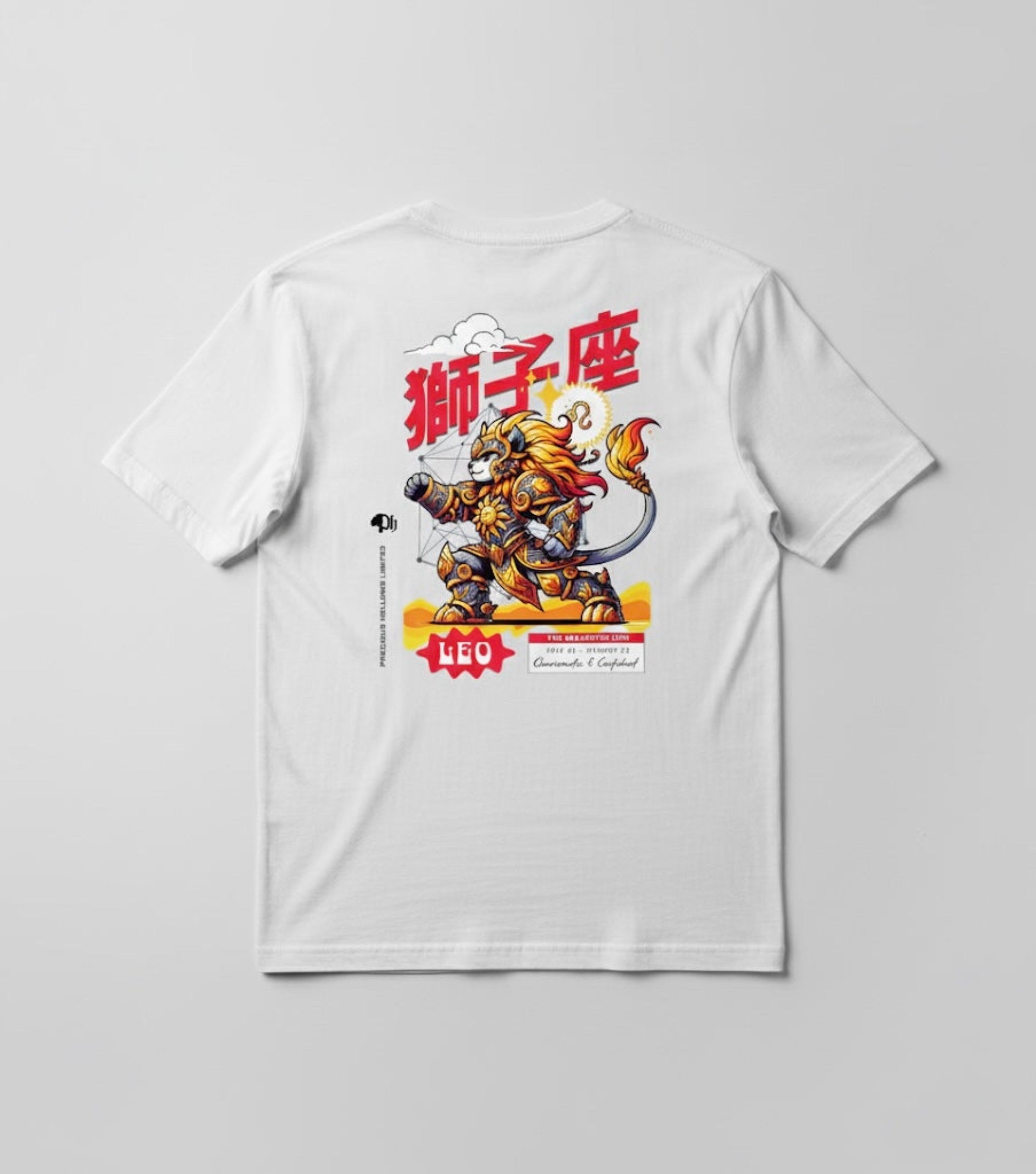 White t-shirt with a graphic design of a lion and text on a gray background