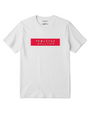 White t-shirt with a red logo on a light gray background
