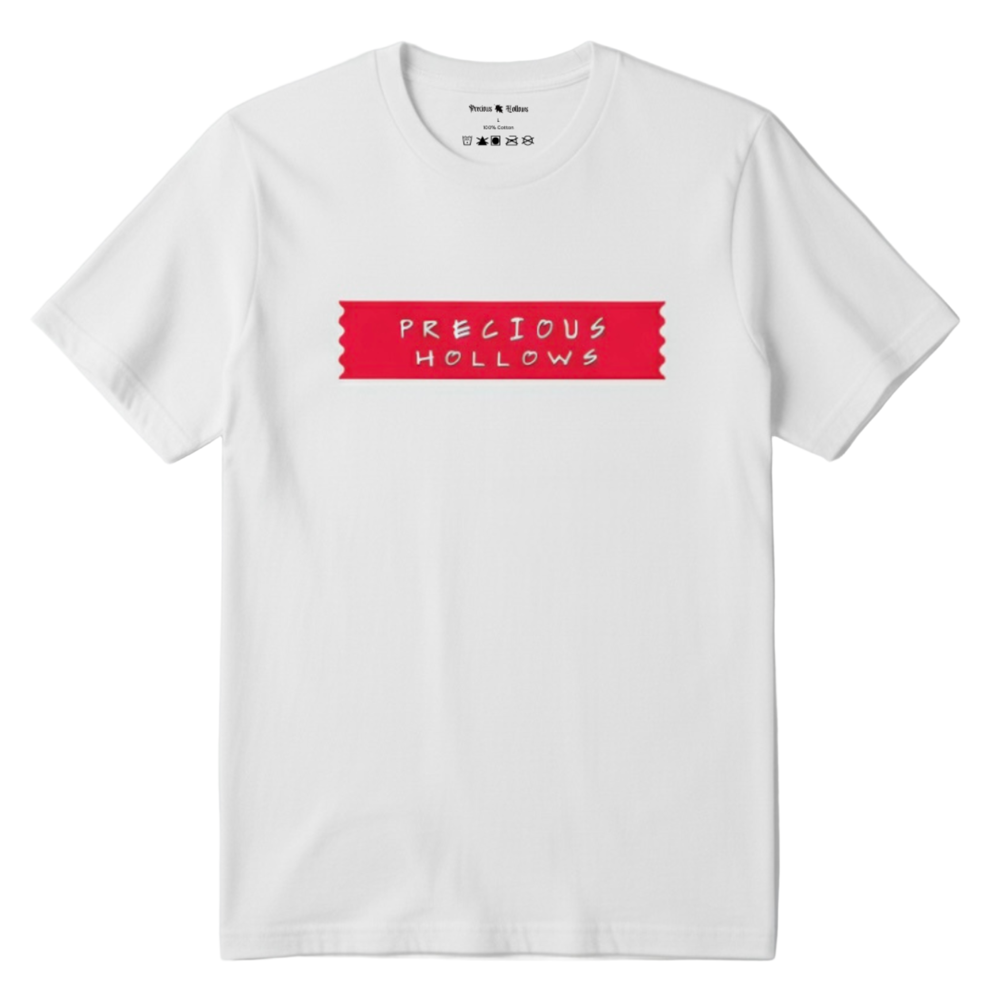 White t-shirt with a red logo on a light gray background