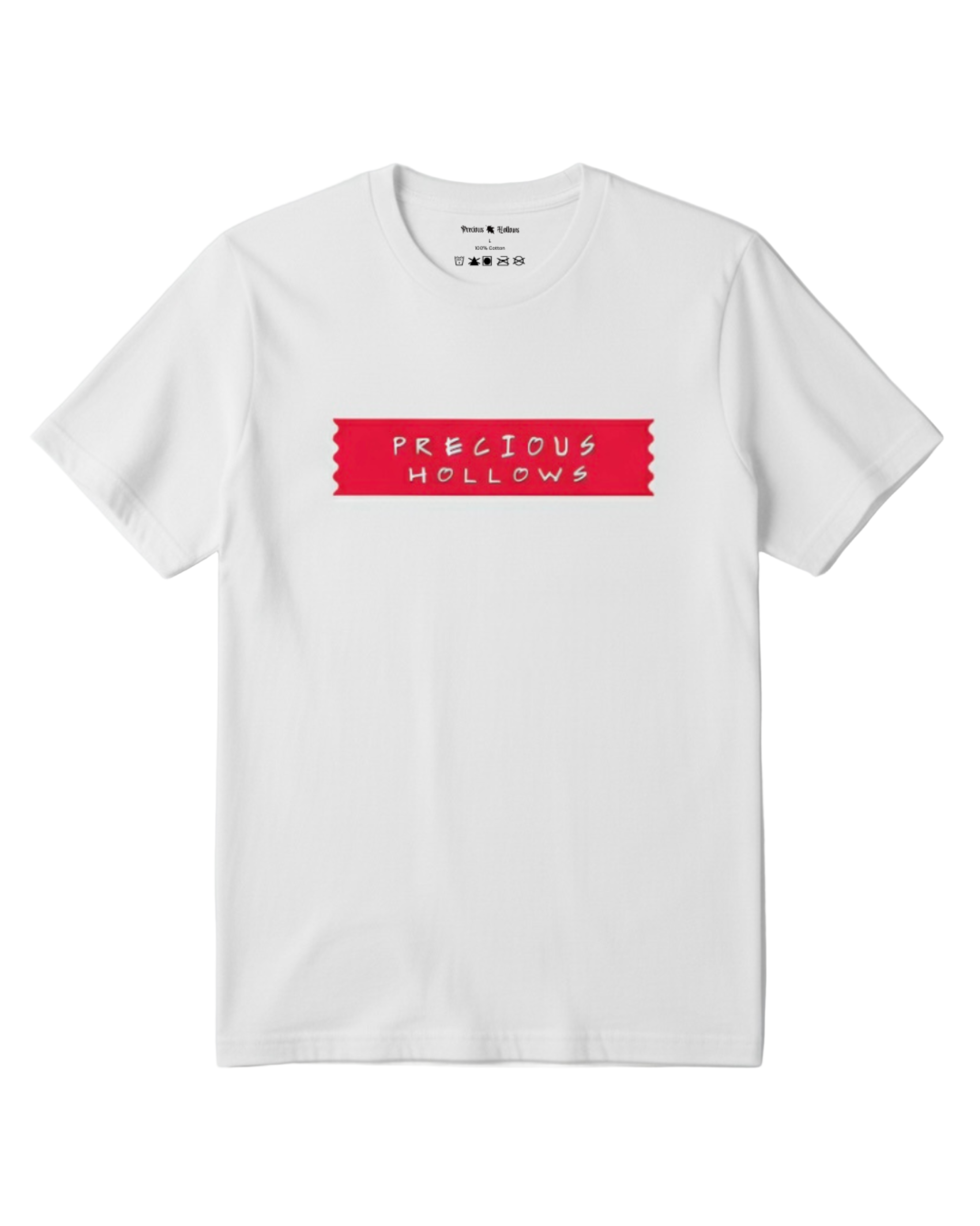 White t-shirt with a red logo on a light gray background