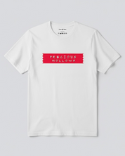 White t-shirt with a red logo on a light gray background