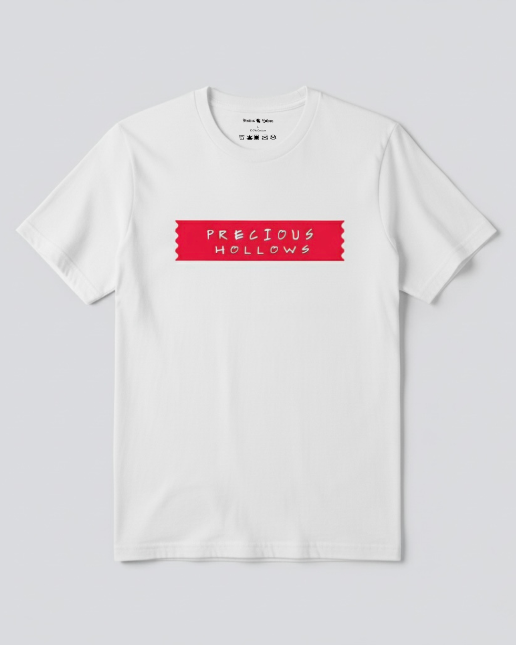 White t-shirt with a red logo on a light gray background