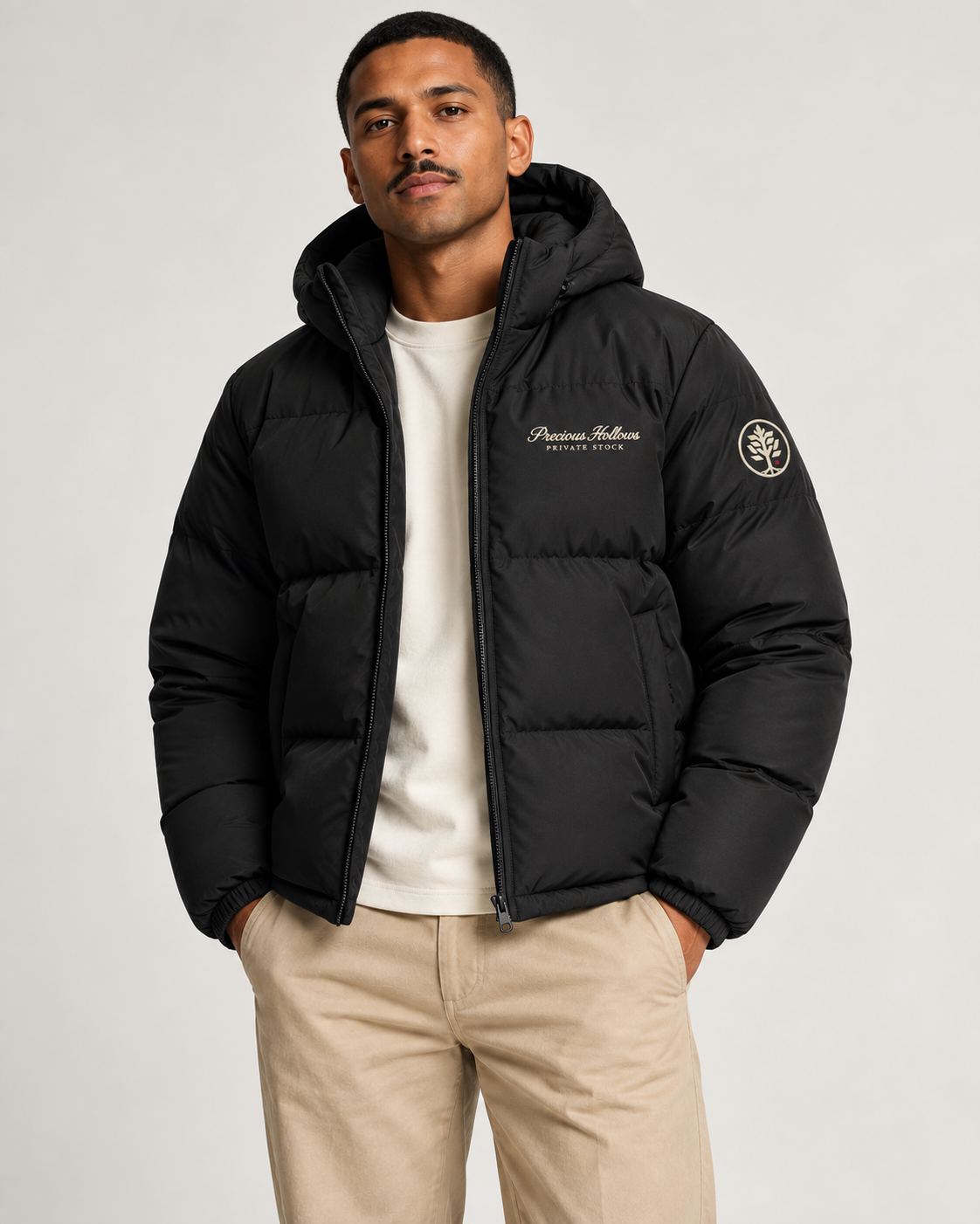 A man wearing a black hooded puffer jacket with 'Precious Hollows PRIVATE STOCK' embroidered on the chest, styled over a cream t-shirt and beige trousers, against a light gray studio background.