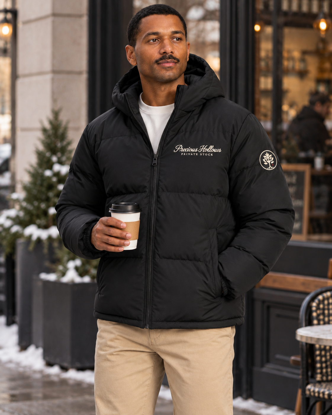 A man wearing a black hooded puffer jacket with 'Precious Hollows PRIVATE STOCK' branding on the chest, standing outdoors in a snowy urban setting and holding a coffee cup.